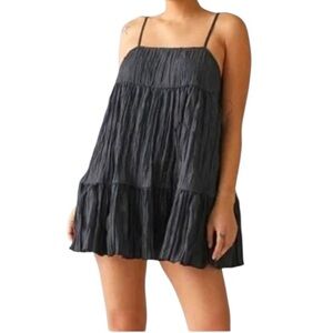 Urban Outfitters Black Crinkle Tiered Babydoll Party Mini Dress L NWOT